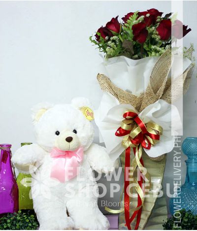 1 Dozen Red Roses with Bear