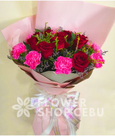 1 Dozen Red Imported Roses and Pink Carnation