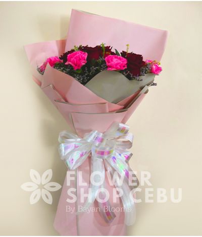 1 Dozen Red Imported Roses and Pink Carnation