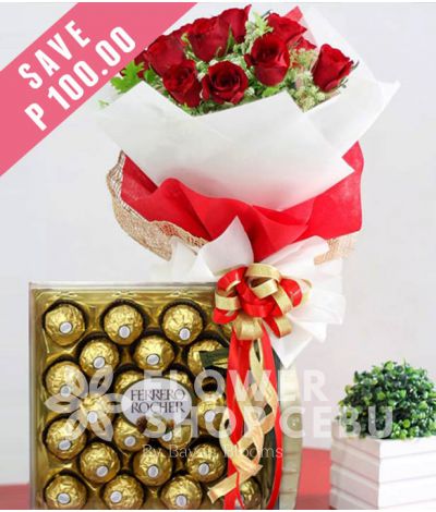 1 Dozen Red Roses and 24 pcs. Ferrero