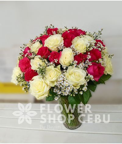 2 Dozen Red and 2 Dozen White Roses in a Vase