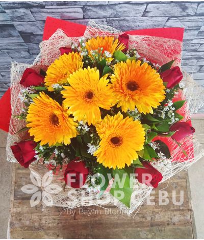 8 pieces of Red Roses with Gerberas (Round Bouquet)