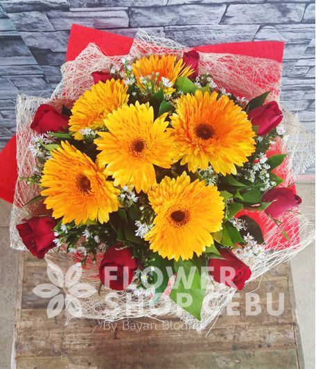 8 pieces of Red Roses with Gerberas (Round Bouquet)